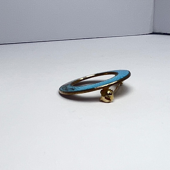 Vintage Guilloché Blue Pink‎ Rose Circle Pin Midcentury Grandma Love Gratitude - Picture 3 of 10